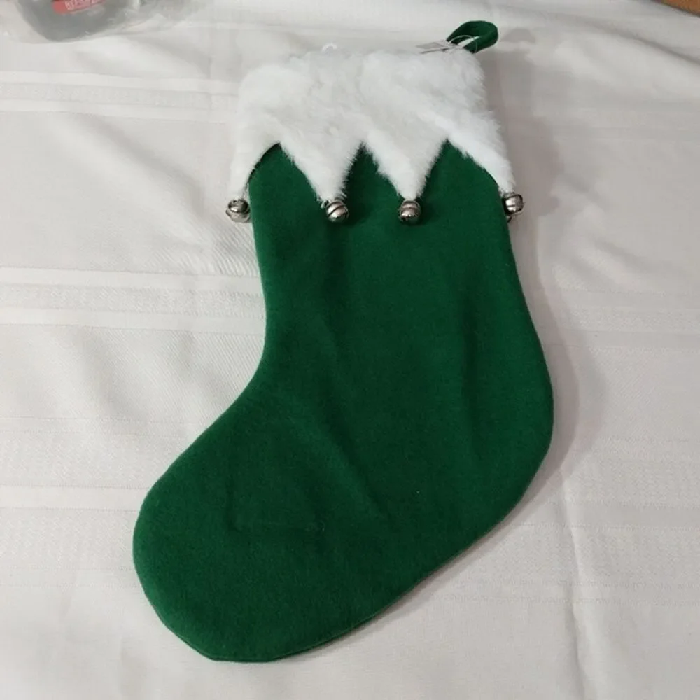 Green White Jingle Bells Elf Boot Holiday Christmas Stocking Hanging Sock